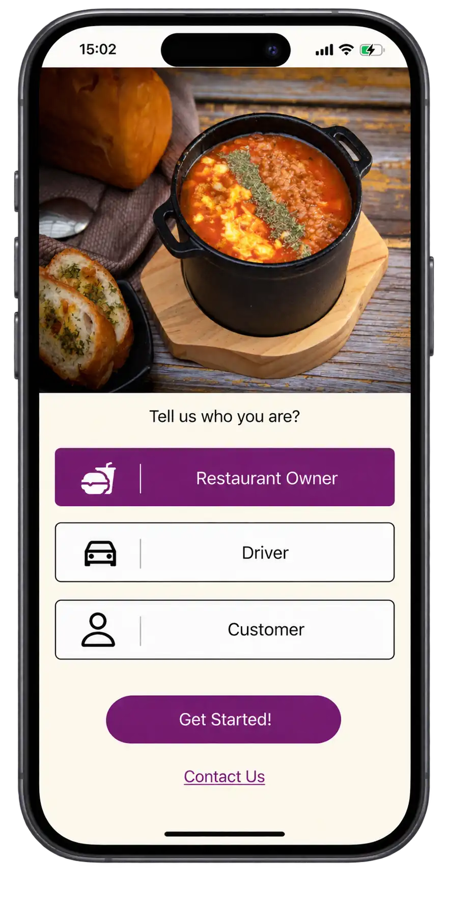 Triyum app home screen where a customer chooses to order, drive, or manage a restaurant.