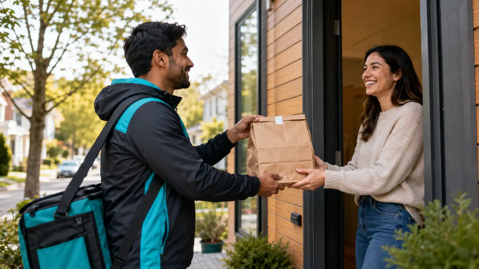 Delivery driver completing a local restaurant delivery for a customer