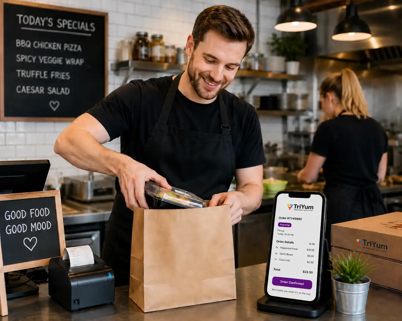 Local restaurant preparing a customer delivery order through Triyum.