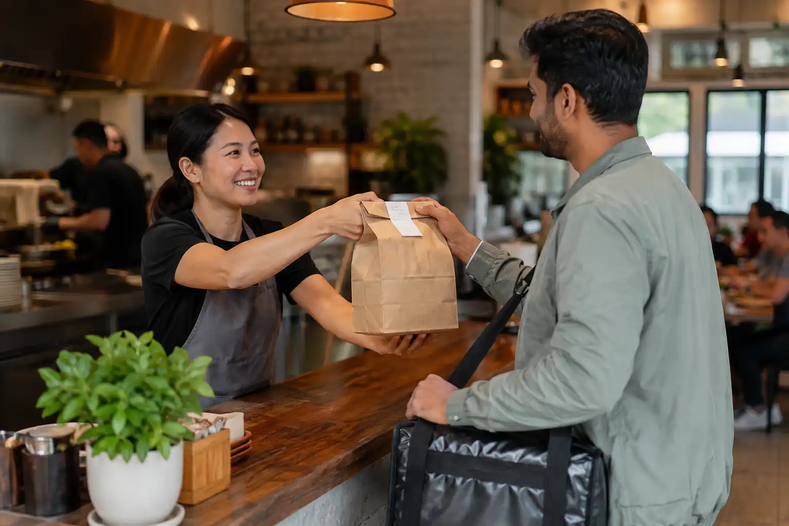 Restaurant employee handing a prepared customer order to a delivery driver