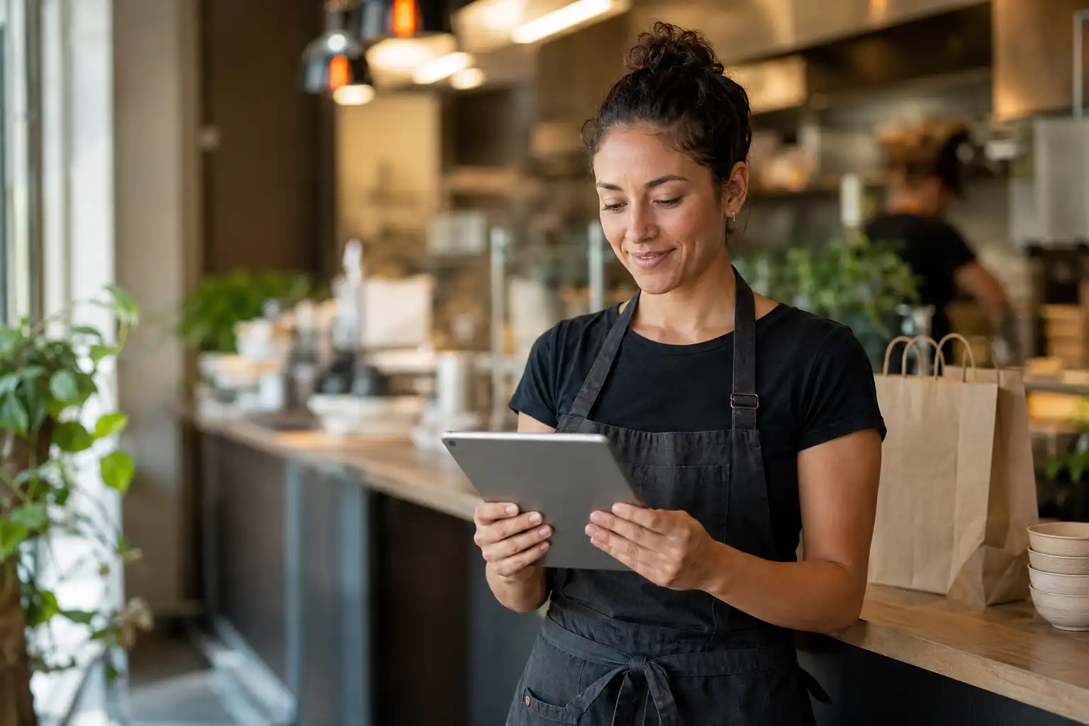 Restaurant employee reviewing a TriYum food delivery order on a tablet