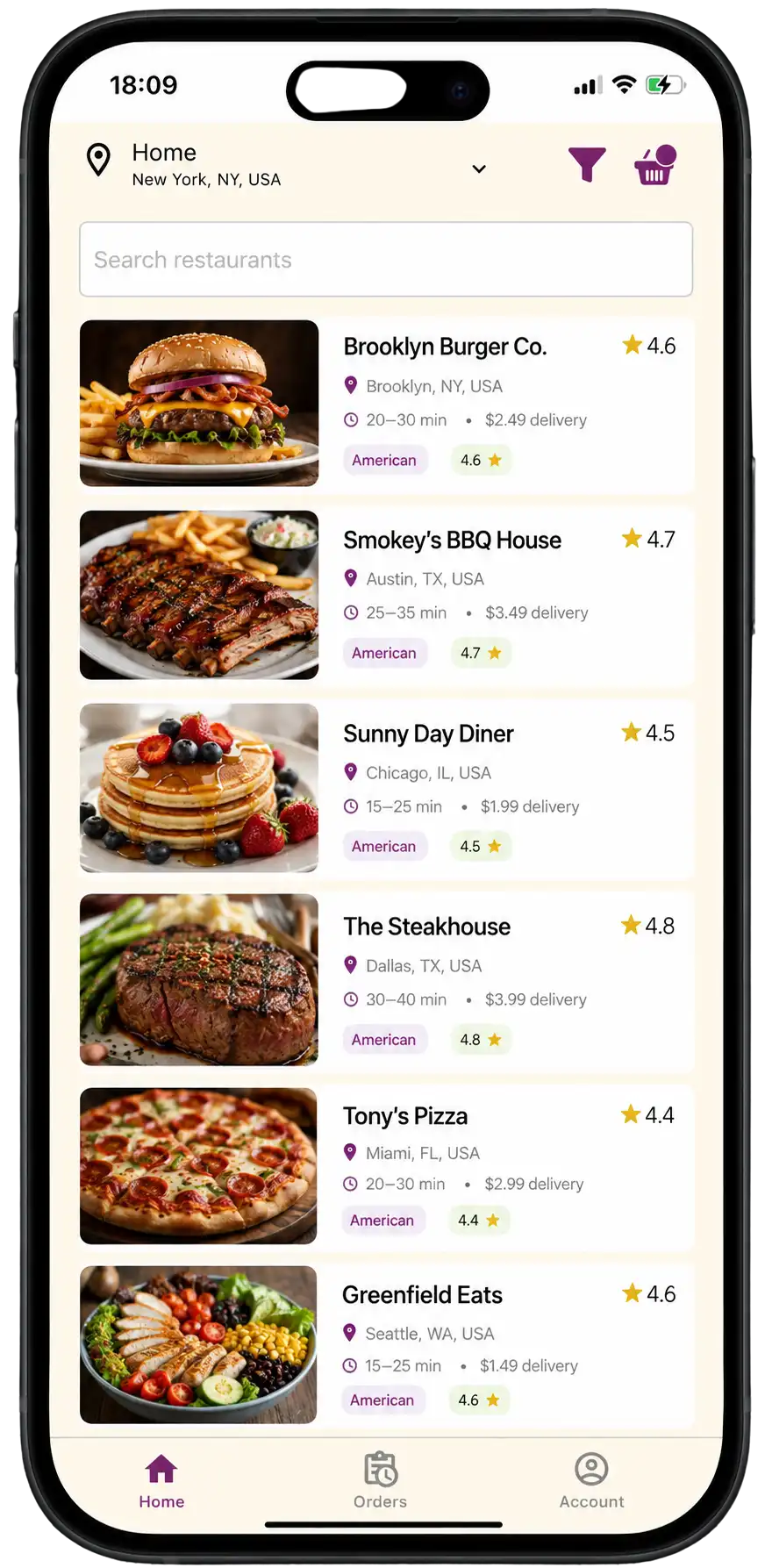 Triyum mobile app for ordering food from participating local restaurants.