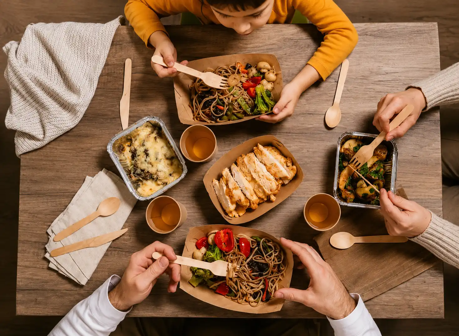 Family enjoying a meal delivered by Triyum