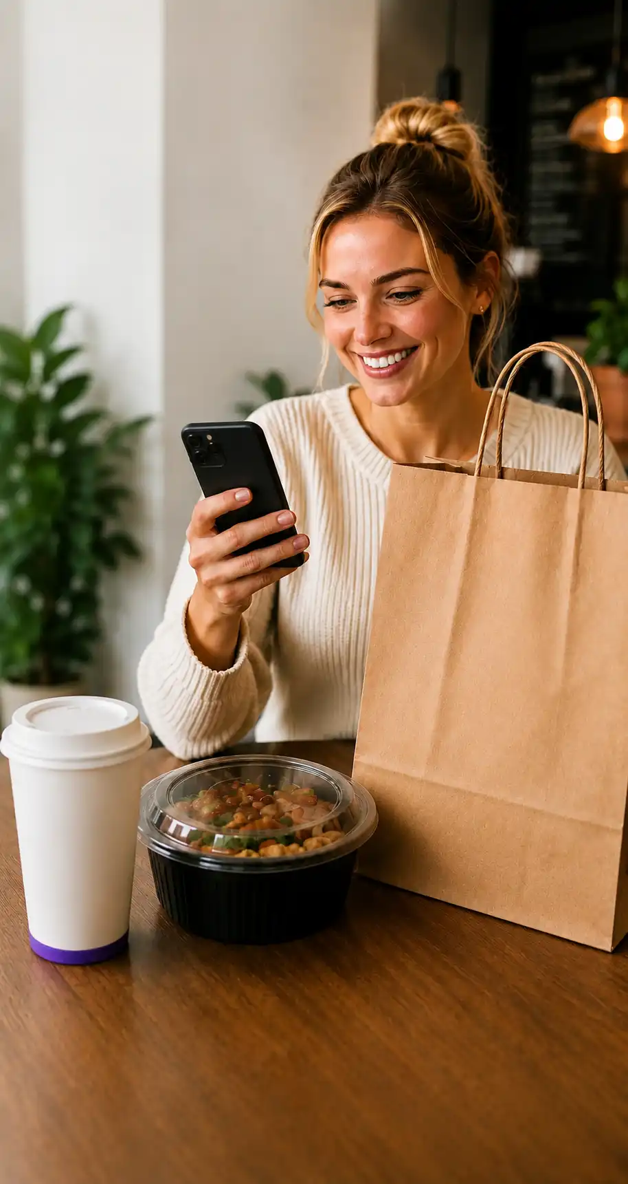 Customer enjoying local restaurant delivery ordered with the Triyum app.